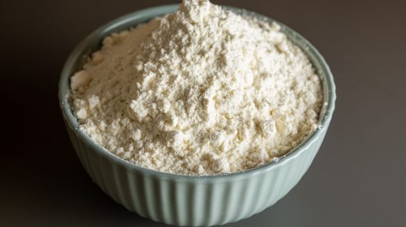 Close-up of a bowl filled with flour, perfect for culinary and baking themes.